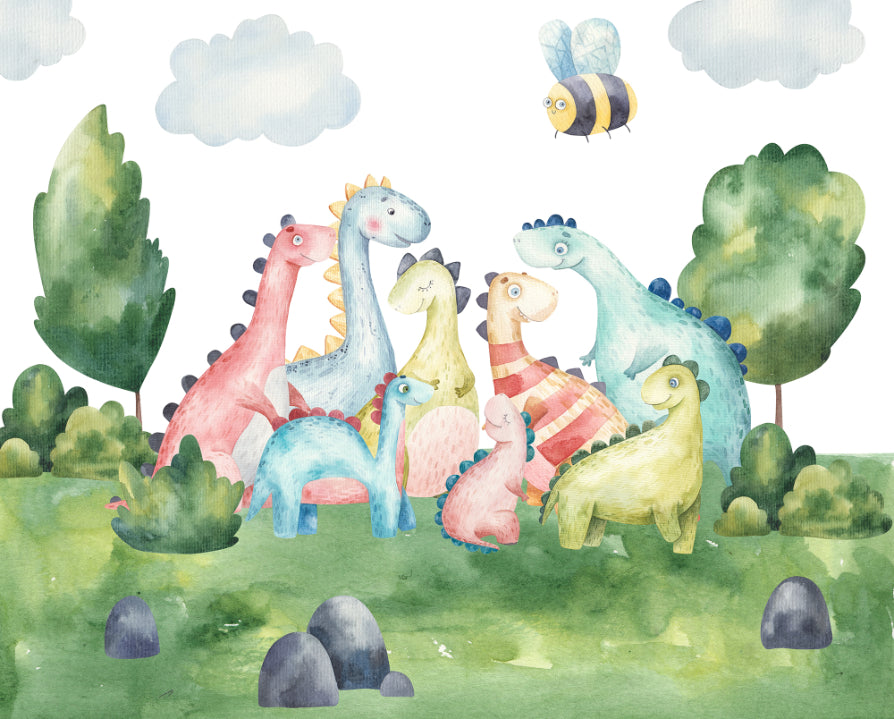 Verspielte Aquarell -Dinosaurier -Tapete Wandbild in your room — zoomed