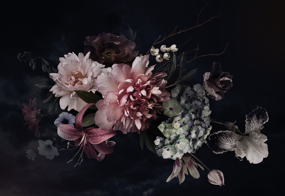 Dark vintage flower bunch wallpaper mural in your room — zoomed