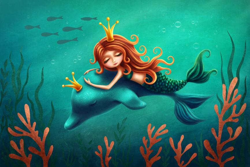 Sirène sous-marine et dauphin Ride Mincule de papier peint amovible
