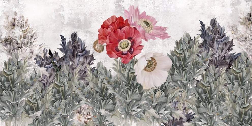 Poppies Flower Painted Grunge Wall Wallpaper