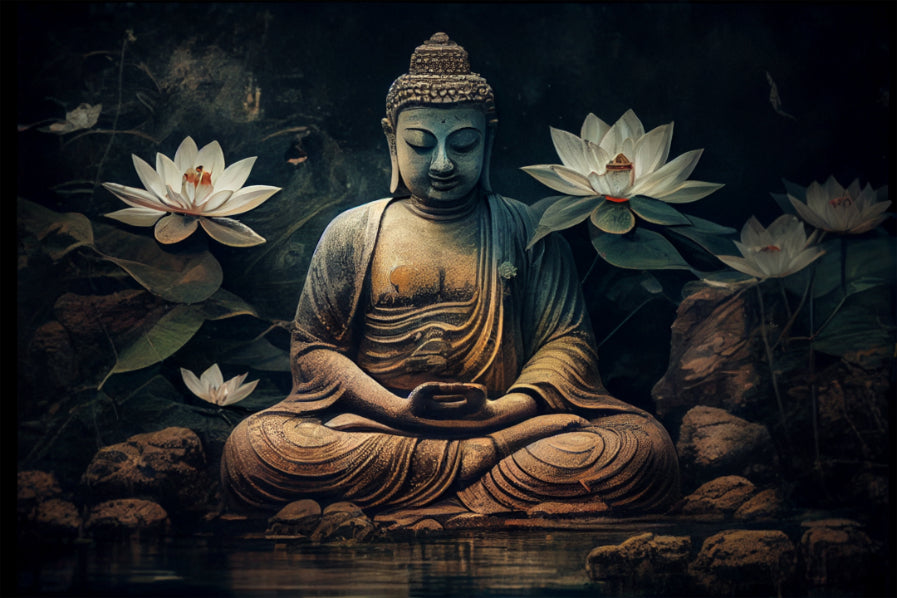 Murale de bouddha et de lotus fleurs méditatives murales in your room — zoomed