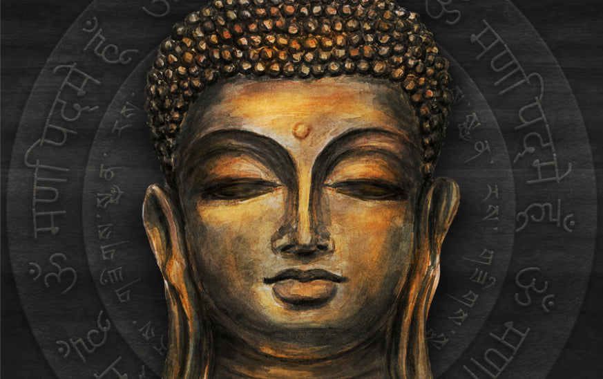 Kultainen buddha käsikirjoitus halo seinämaalaus