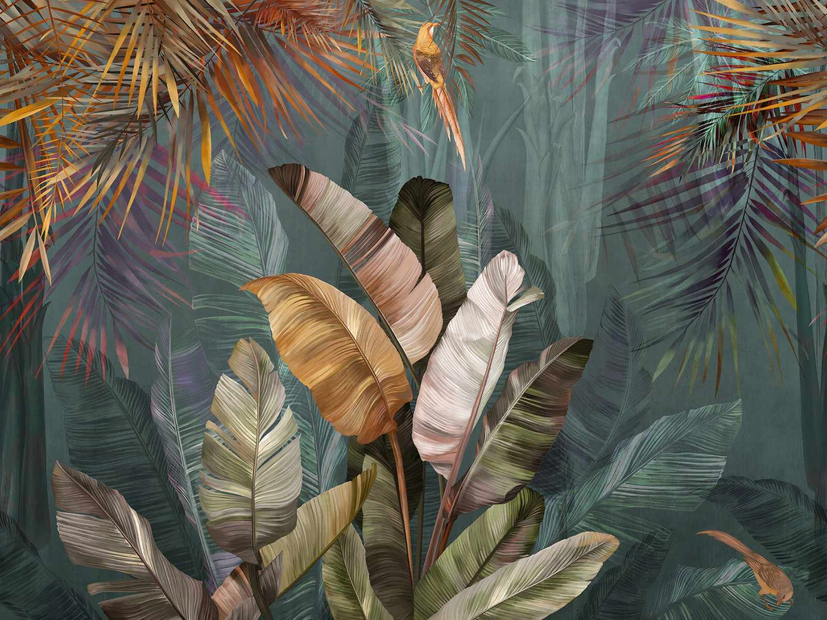 Big Tropical Leaves Living Room Mural in your room — zoomed