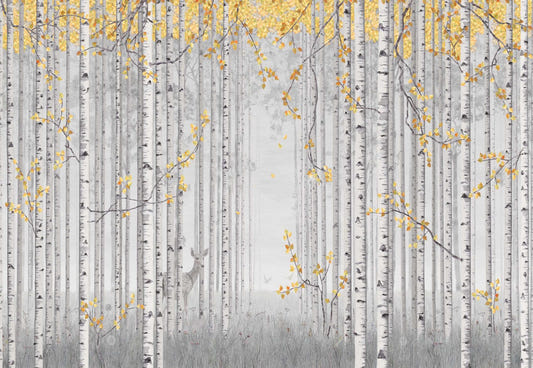 Yellow Leaves and Gray Birch Trees Wall Mural