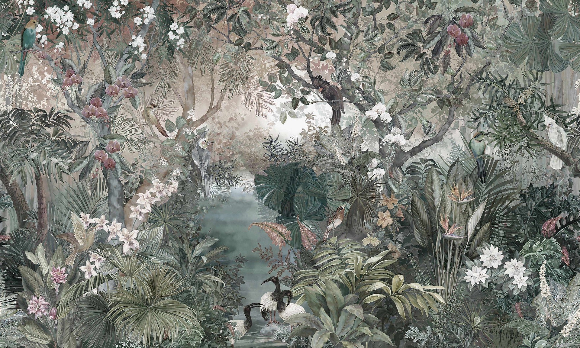 Avian Eden Exotic Cranes und Jungle Birds Wandwallpaper