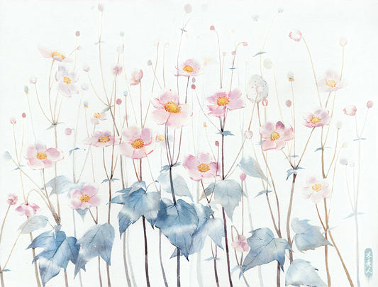 Aquarellblaue Blätter rosa Blütenblätter Wandmalerei