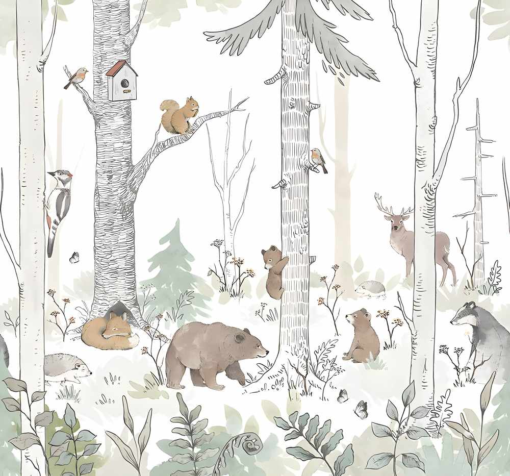 Enchanted Forest Fauna Watercolor Wall Mural in your room — zoomed