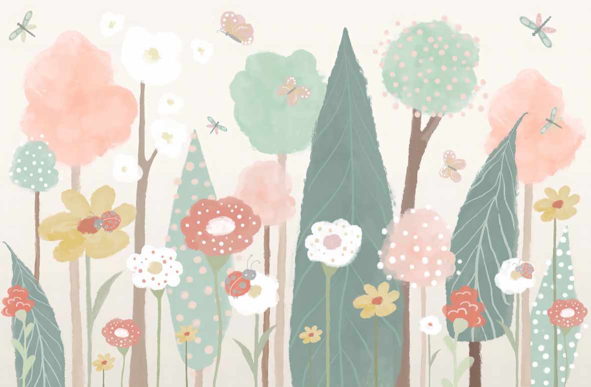Watercolor Floral Trees Wallpaper Mural in your room — zoomed