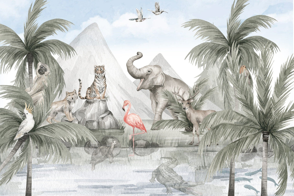 Tropical Wildlife Haven Mural in your room — zoomed