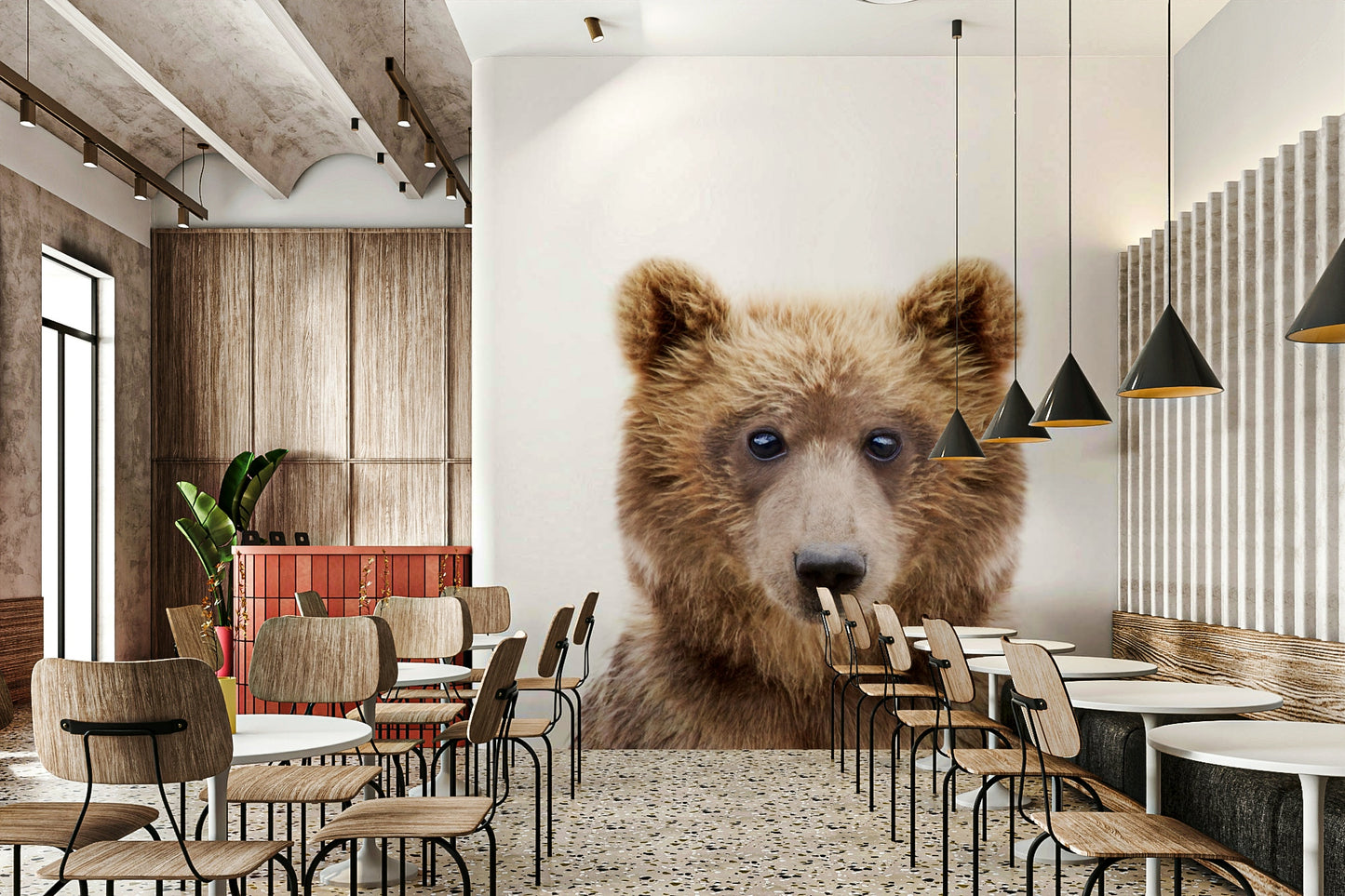 Hand-drawn baby bears in forest scenes on wallpaper

