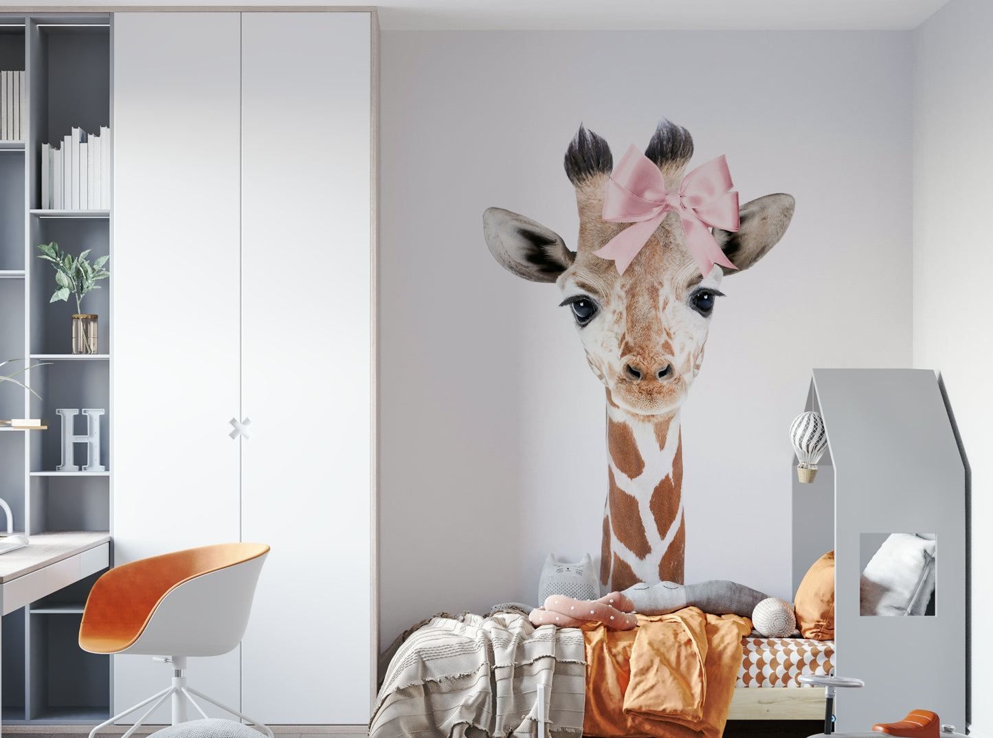 Safari-themed baby giraffe with bow wall mural.