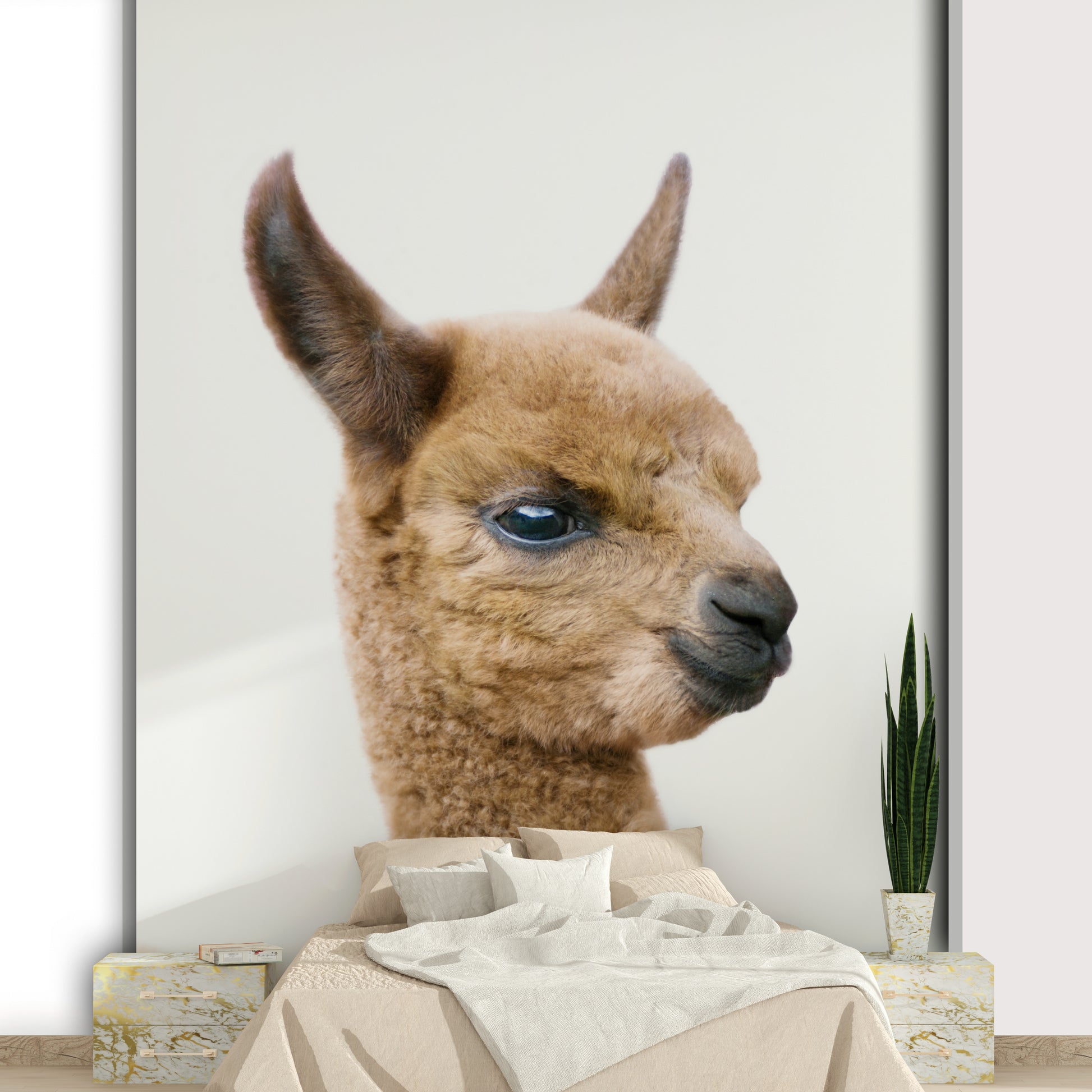 Whimsical baby llama mural in gentle neutral tones

