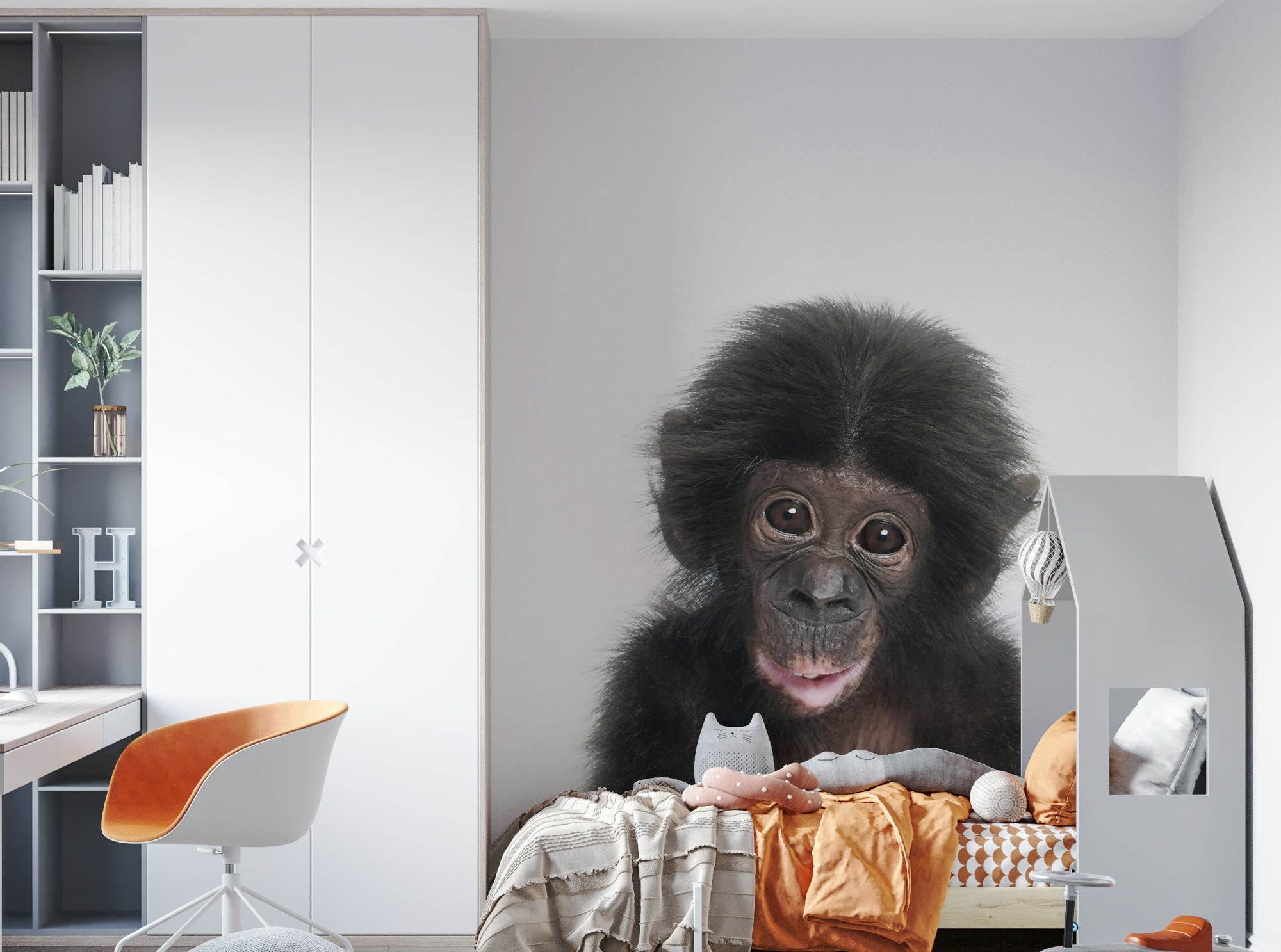 Cute baby monkey wallpaper design for kids' rooms