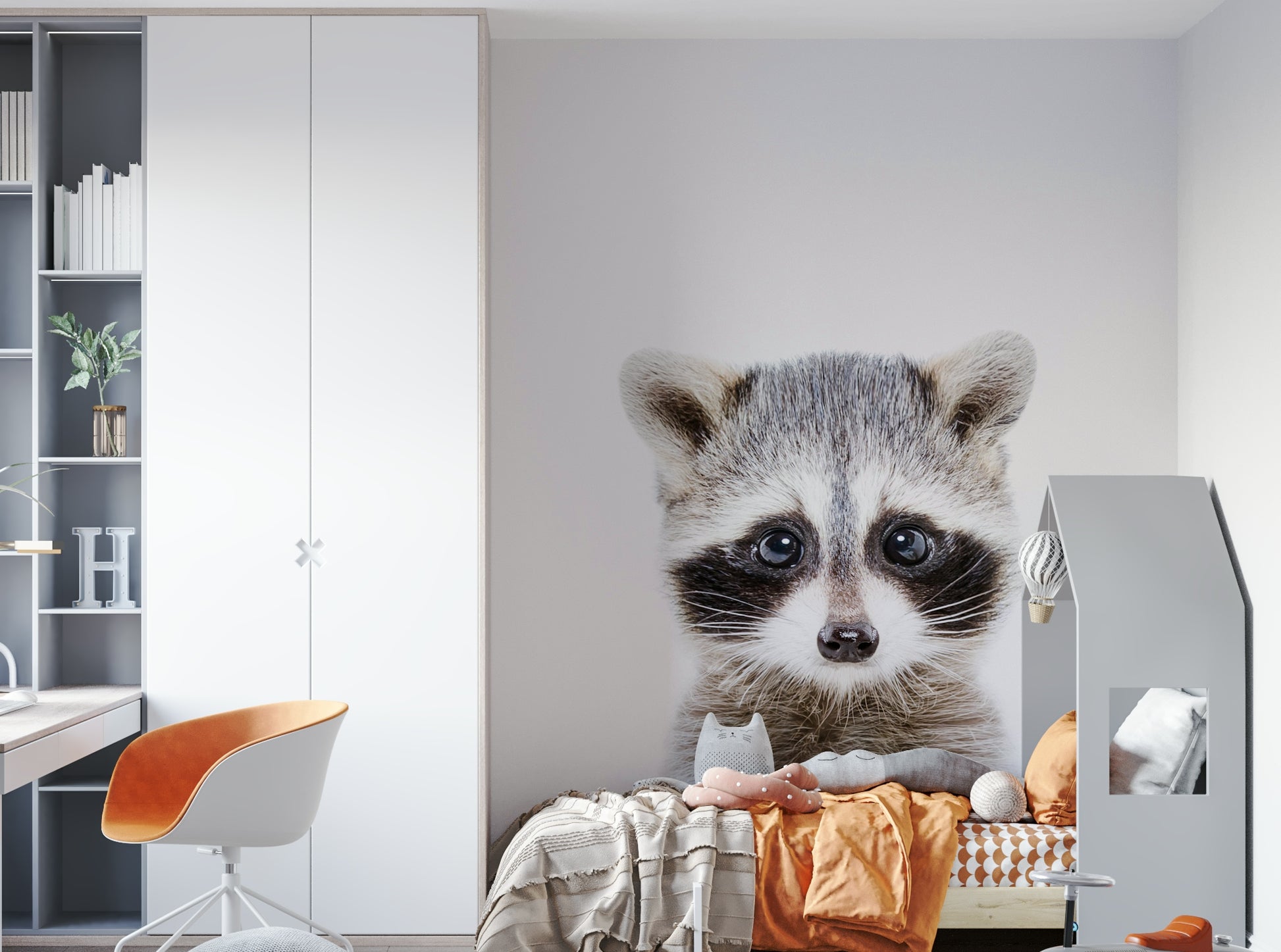 Cozy corner with baby raccoon wall mural

