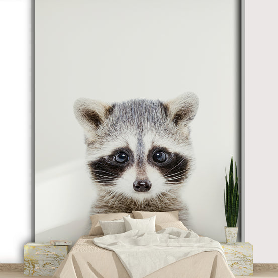 Hand-drawn raccoon mural in kids’ room

