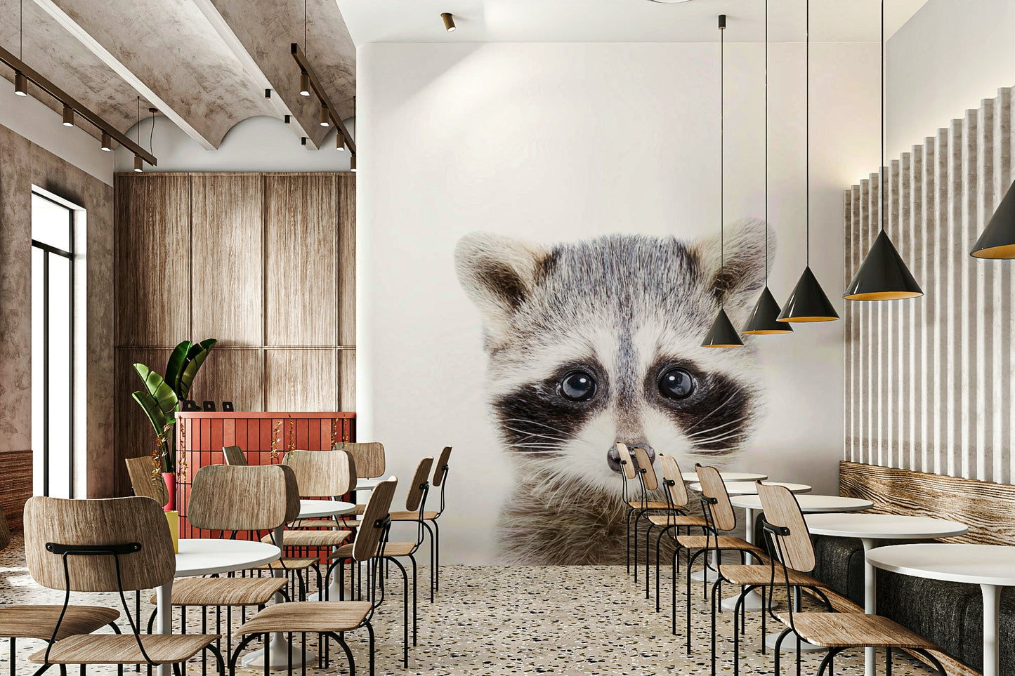 Baby Raccoon wall mural in soft tones

