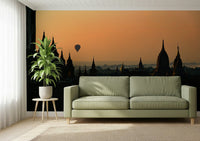 Bagan Dawn Wall Mural featuring ancient temples at sunrise with soft golden light.