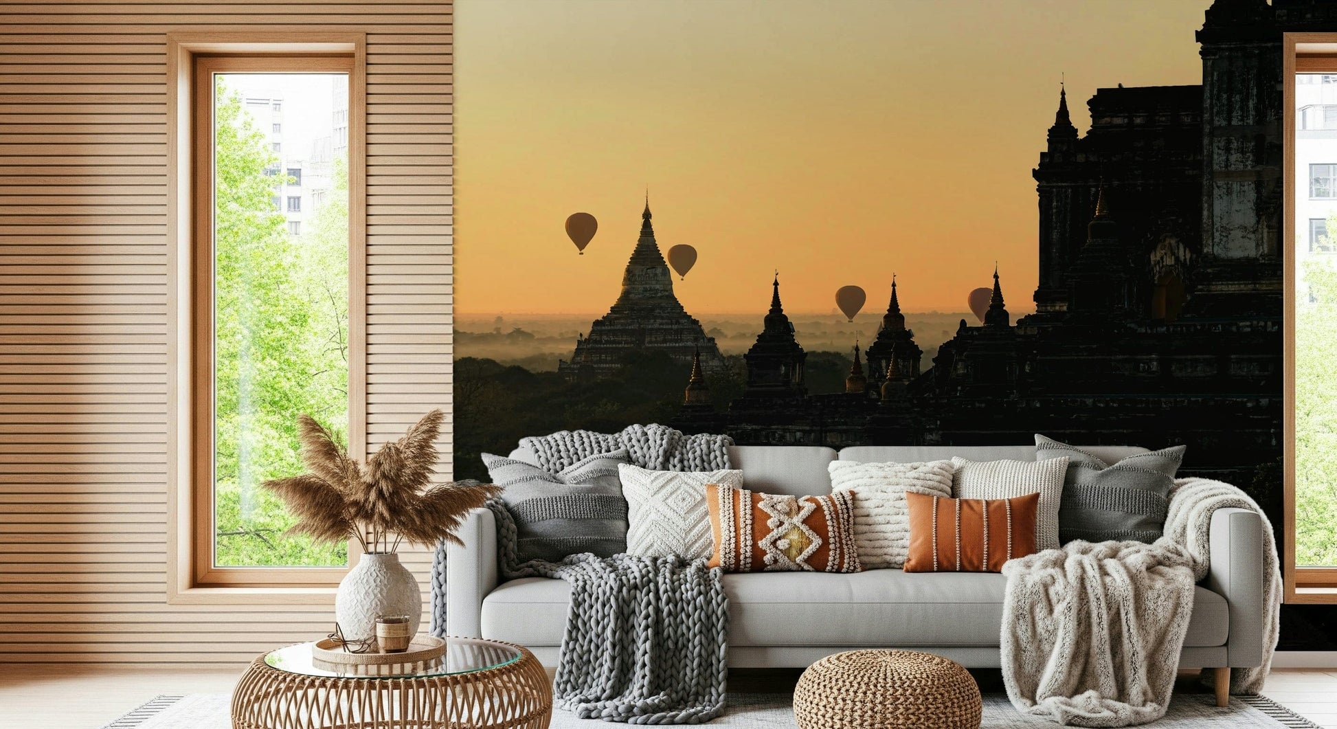 Scenic Bagan Sunrise Wall Mural – Vibrant morning sky with floating balloons above historic temple landscapes.
