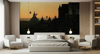Sunrise Temple Wall Mural – Atmospheric mural with soft morning light illuminating Bagan’s temples and sky filled with balloons.