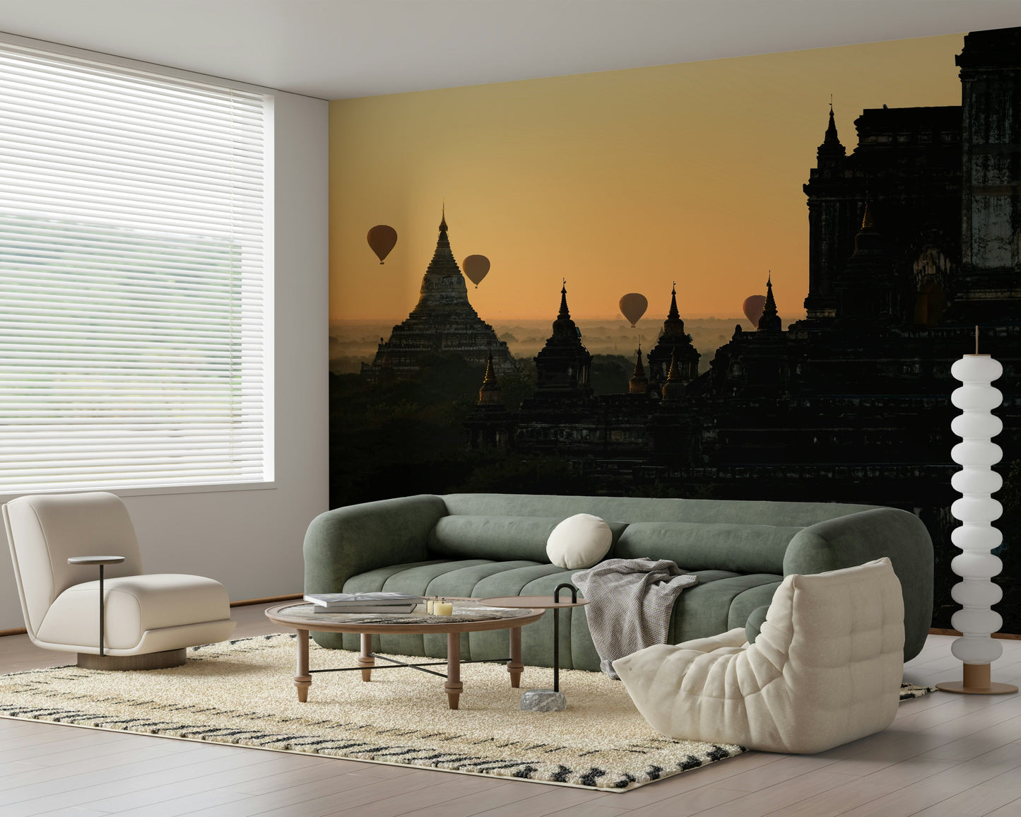Bagan Sunrise Wall Mural – Vibrant mural featuring golden sunrise, misty temples, and floating balloons for a magical atmosphere.