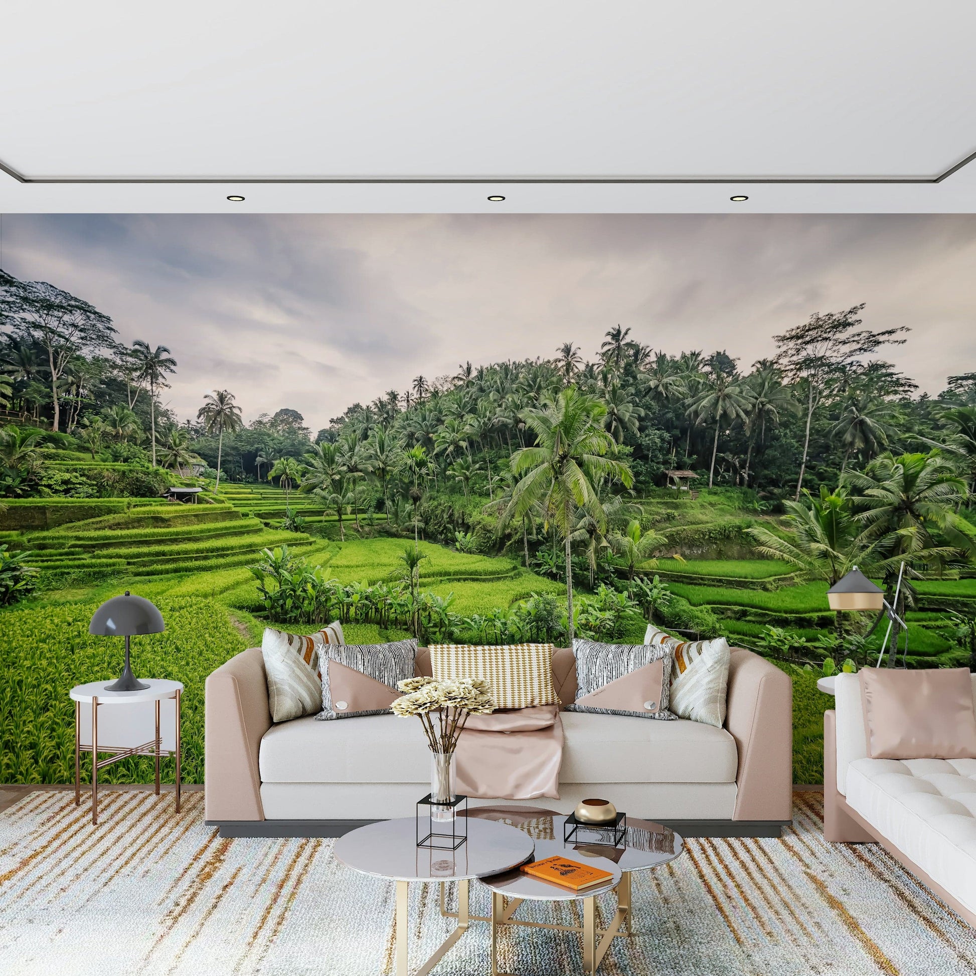 Panoramic Bali Rice Terraces pattern feature wall treatment.