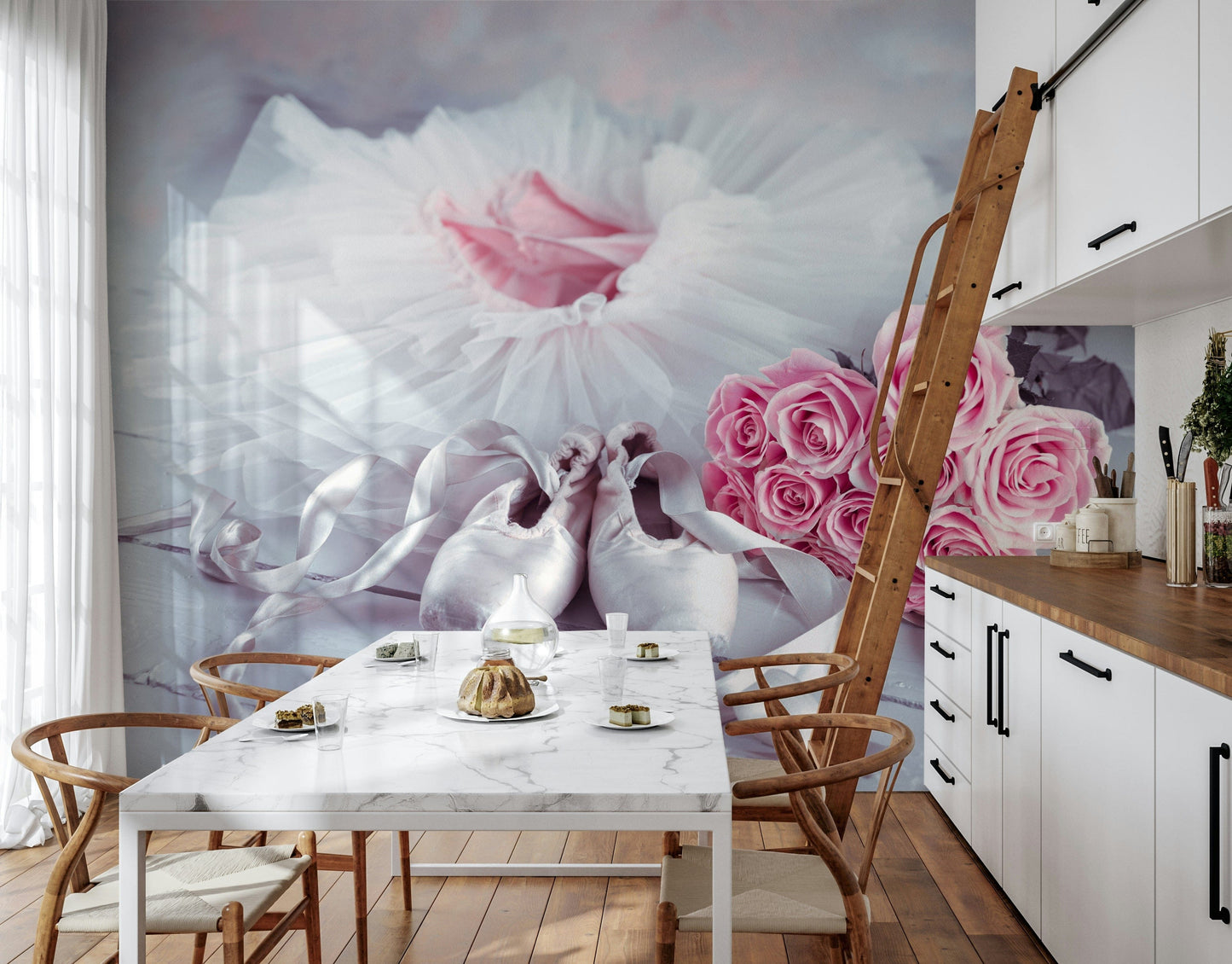 White tulle skirt, romantic pink flower wall mural for bedroom.