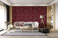 Red botanical wallpaper with bamboo stems and soft leaves