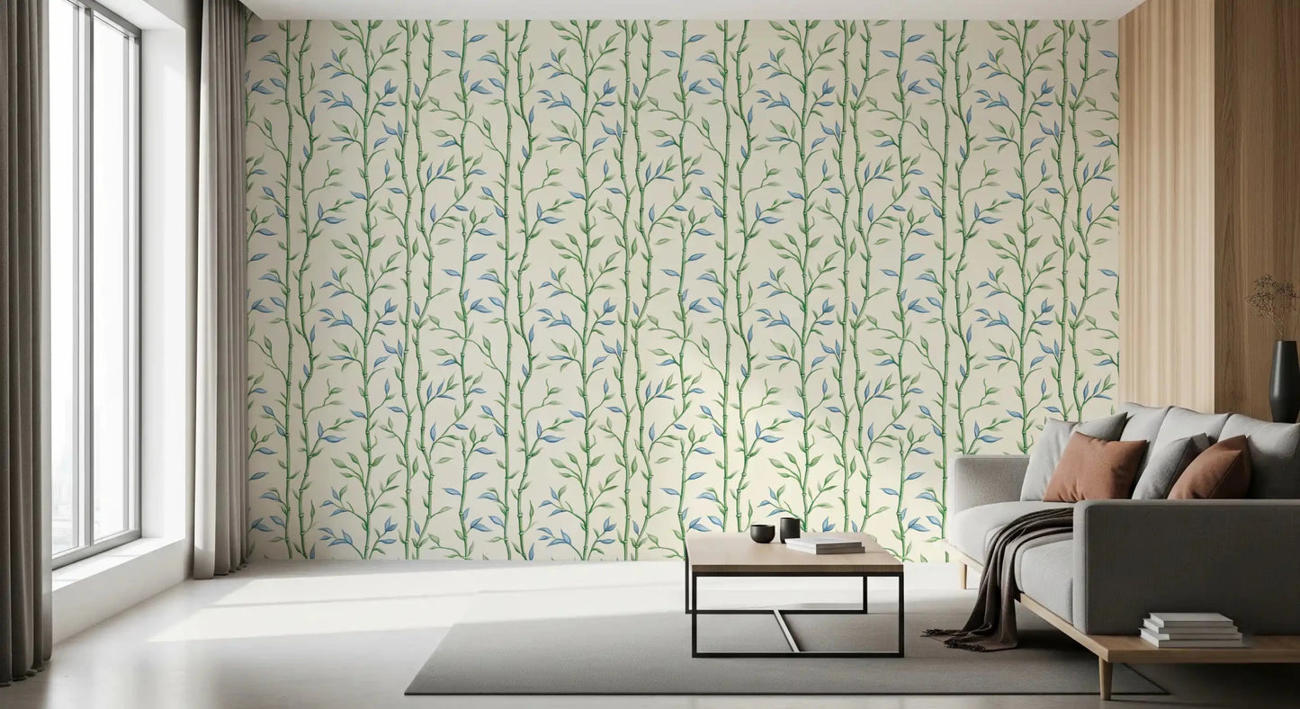 Green bamboo wallpaper fits a entryway with gentle color contrast