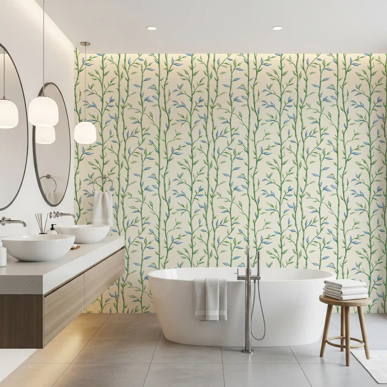 Bamboo Breeze Ivory wallpaper adds a calm touch to a bathroom wall
