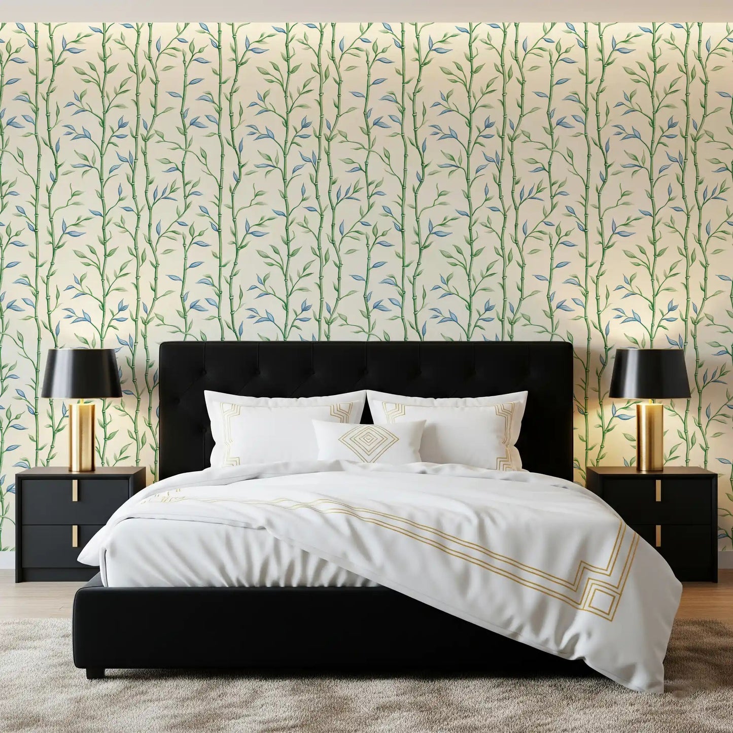 Ivory bamboo wallpaper brings soft detail to a modern bedroom
