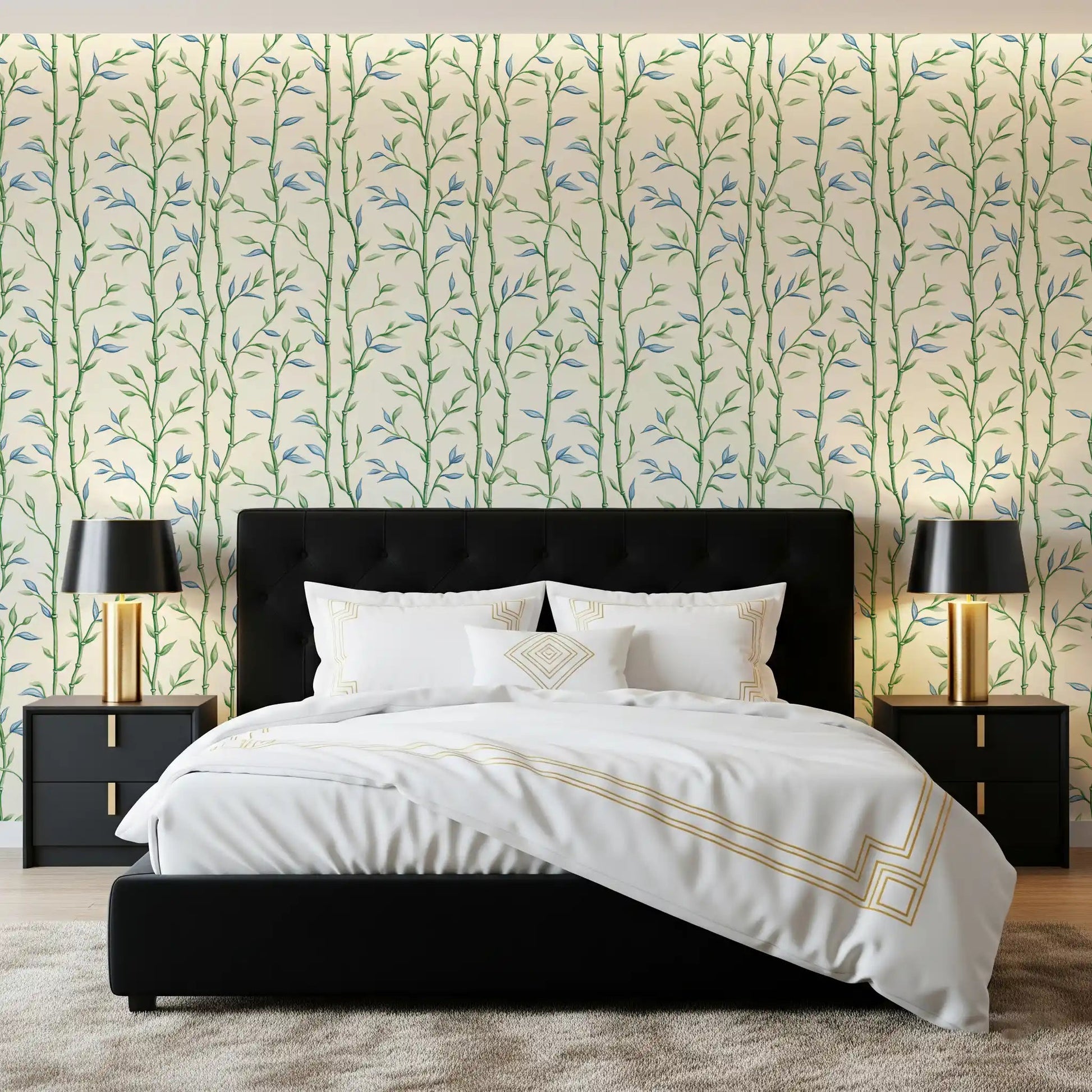 Ivory bamboo wallpaper brings soft detail to a modern bedroom