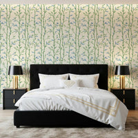 Ivory bamboo wallpaper brings soft detail to a modern bedroom