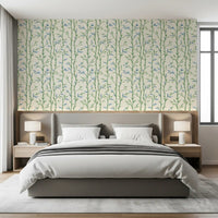 Botanical wallpaper suits a Bedroom area with clean natural lines