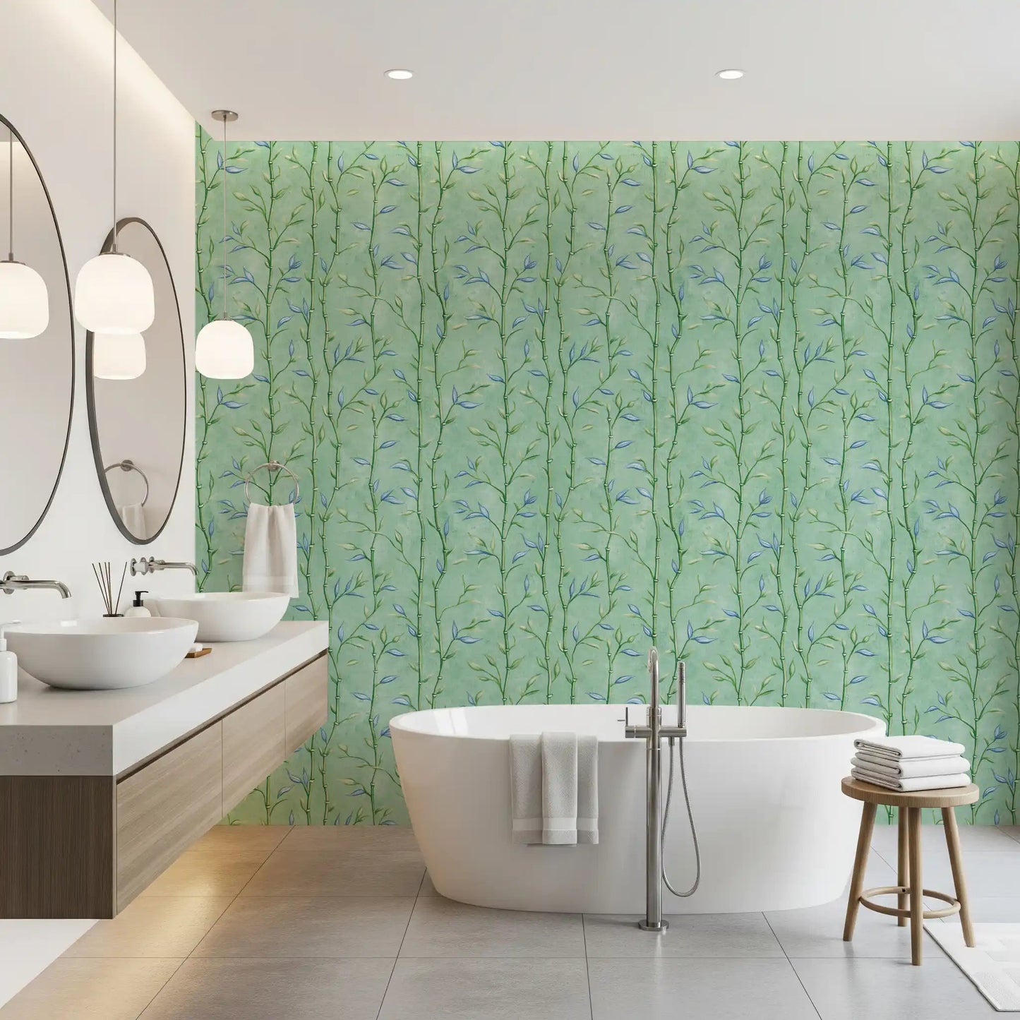 Minty teal bamboo wallpaper for a bathroom with soft botanical detail