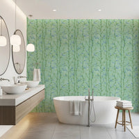 Minty teal bamboo wallpaper for a bathroom with soft botanical detail