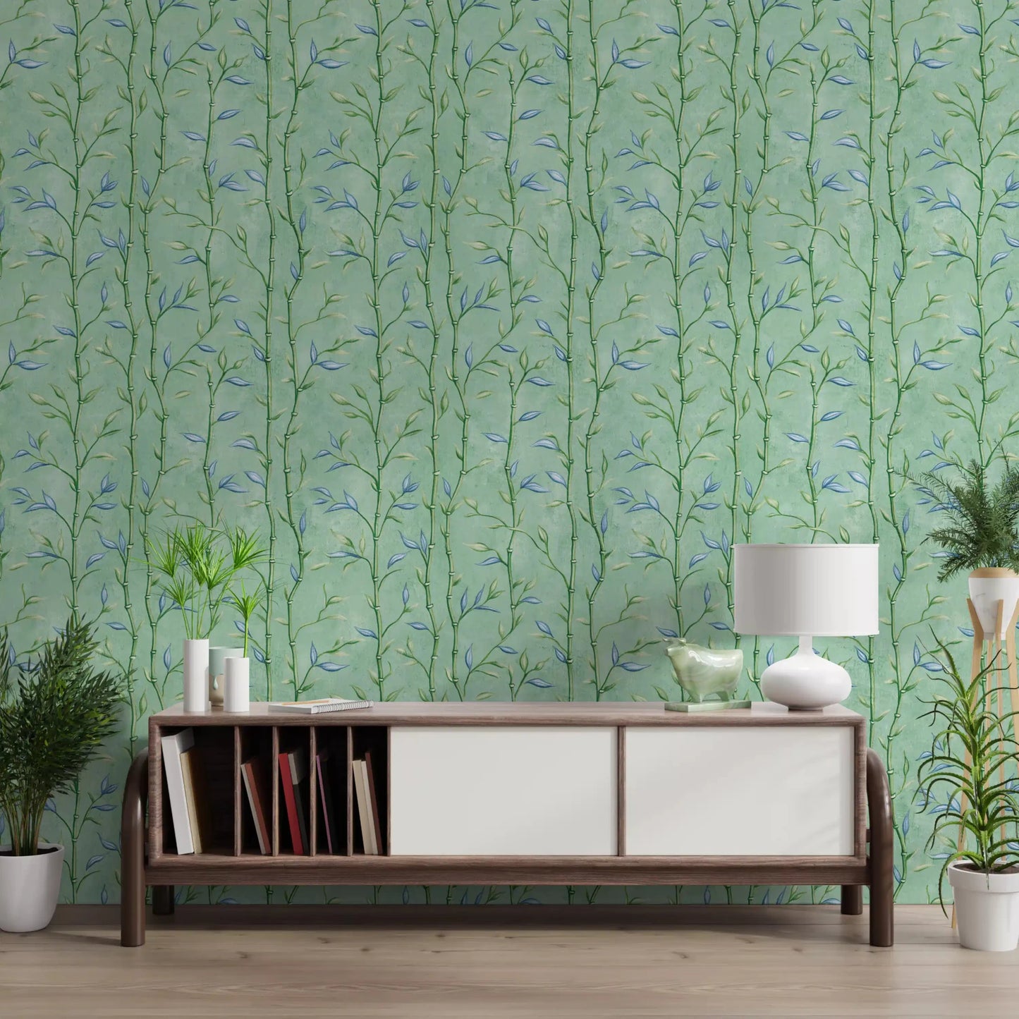 Botanical wallpaper with bamboo pattern in mint teal and pale blue