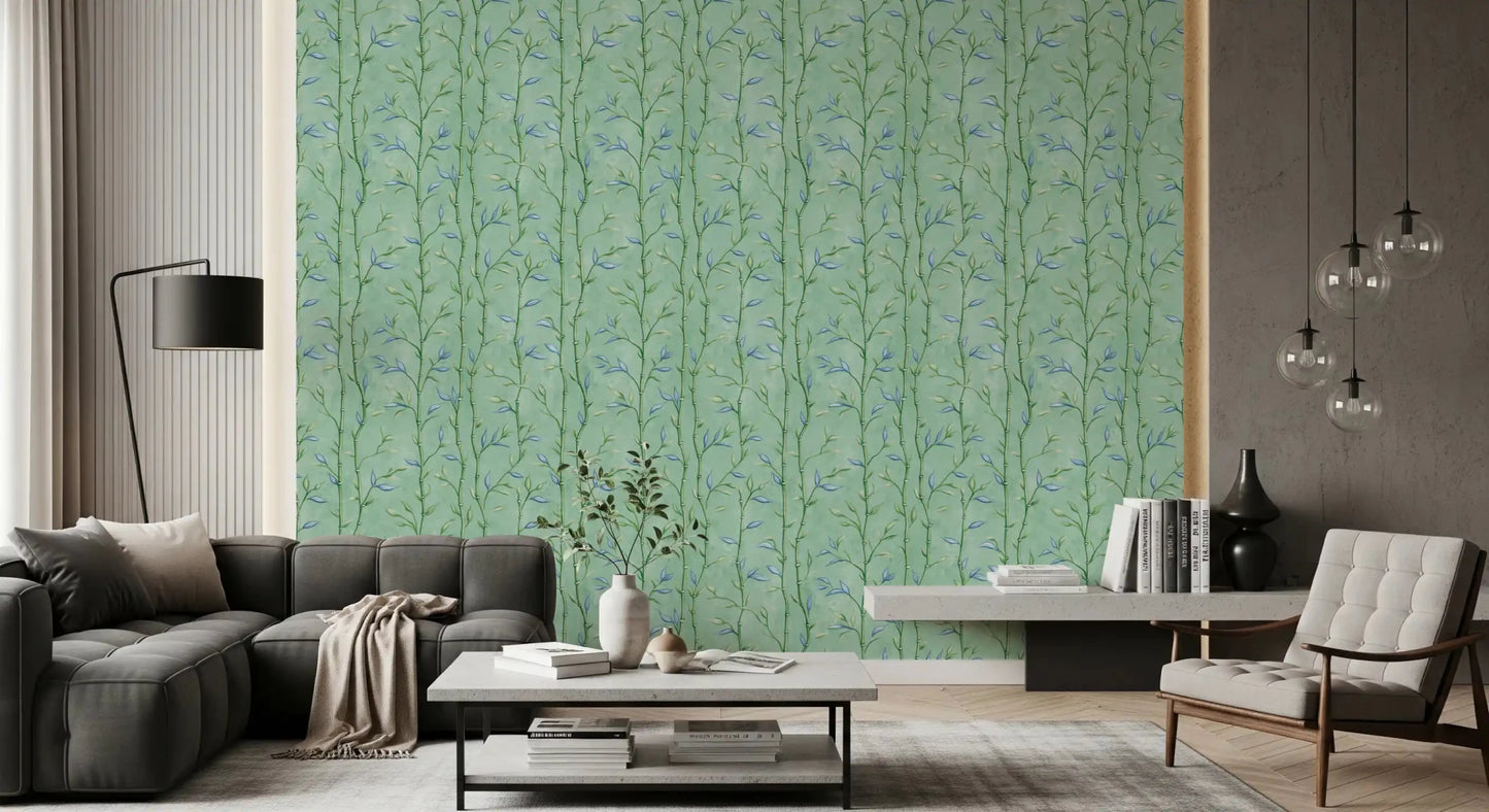 Teal botanical wallpaper with vertical bamboo stems and fine leaves