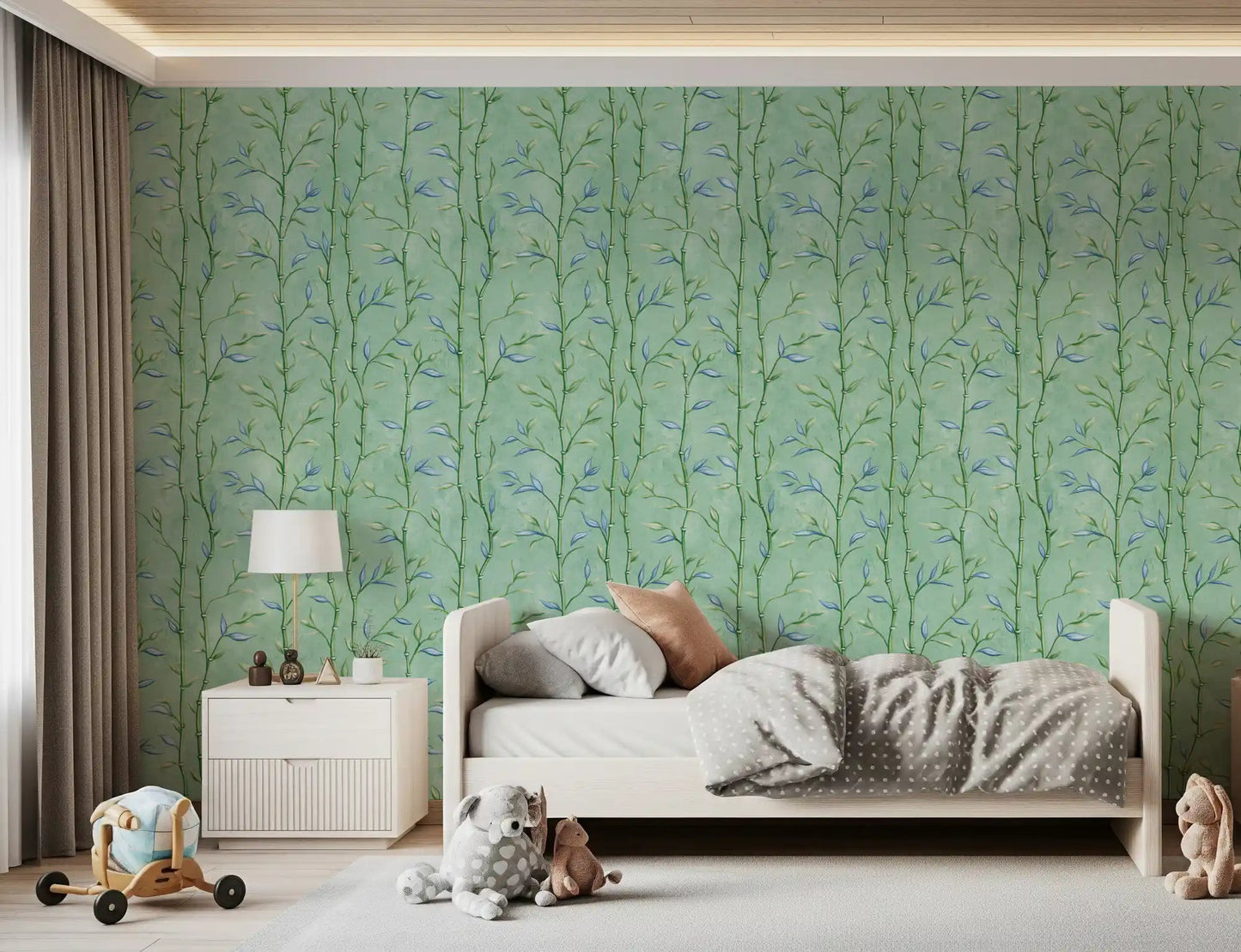 Botanical bamboo wallpaper for a kids room with airy vertical pattern