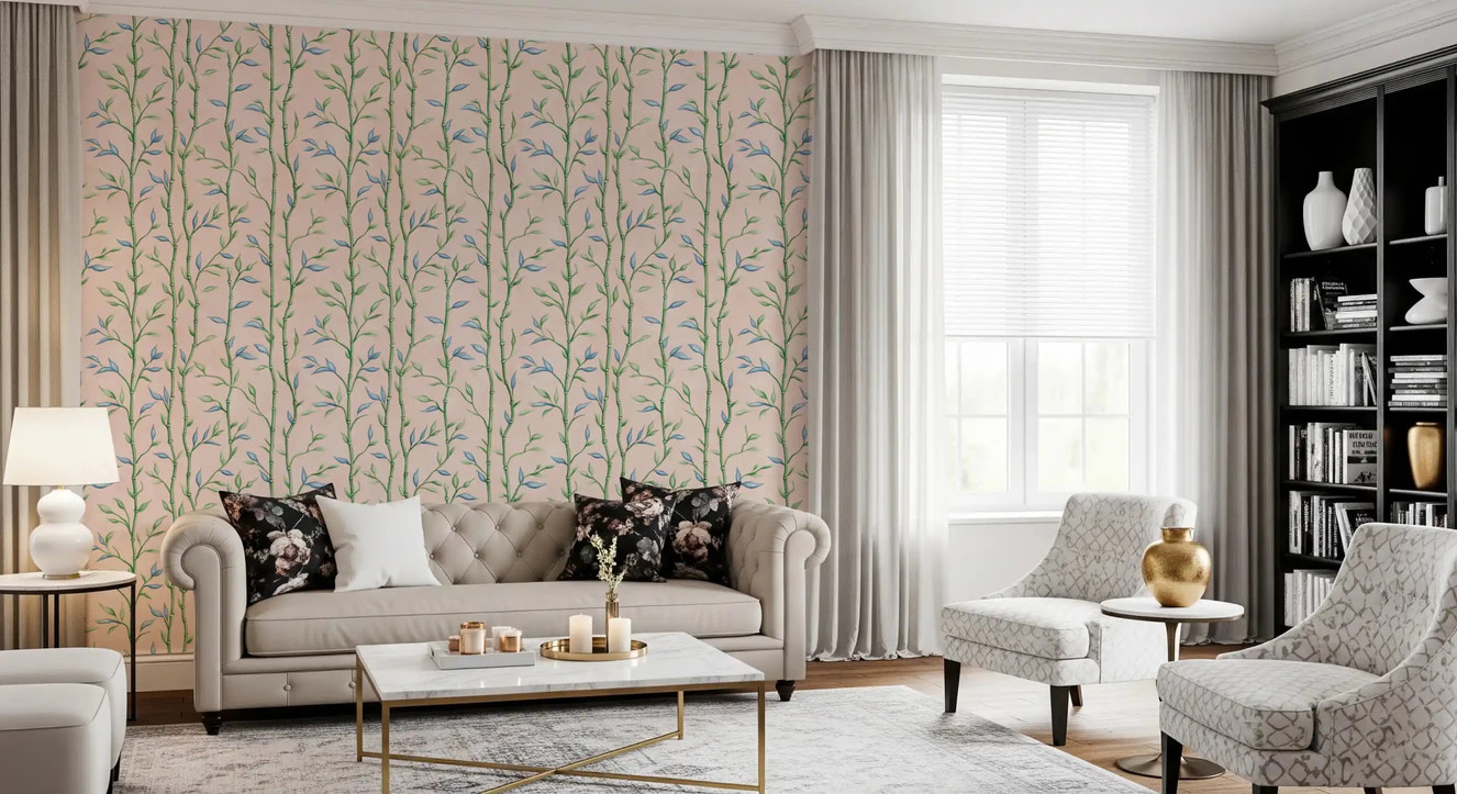 Bamboo Breeze Rose Wallpaper wall mural with bamboo leaves on a rose background for living rooms