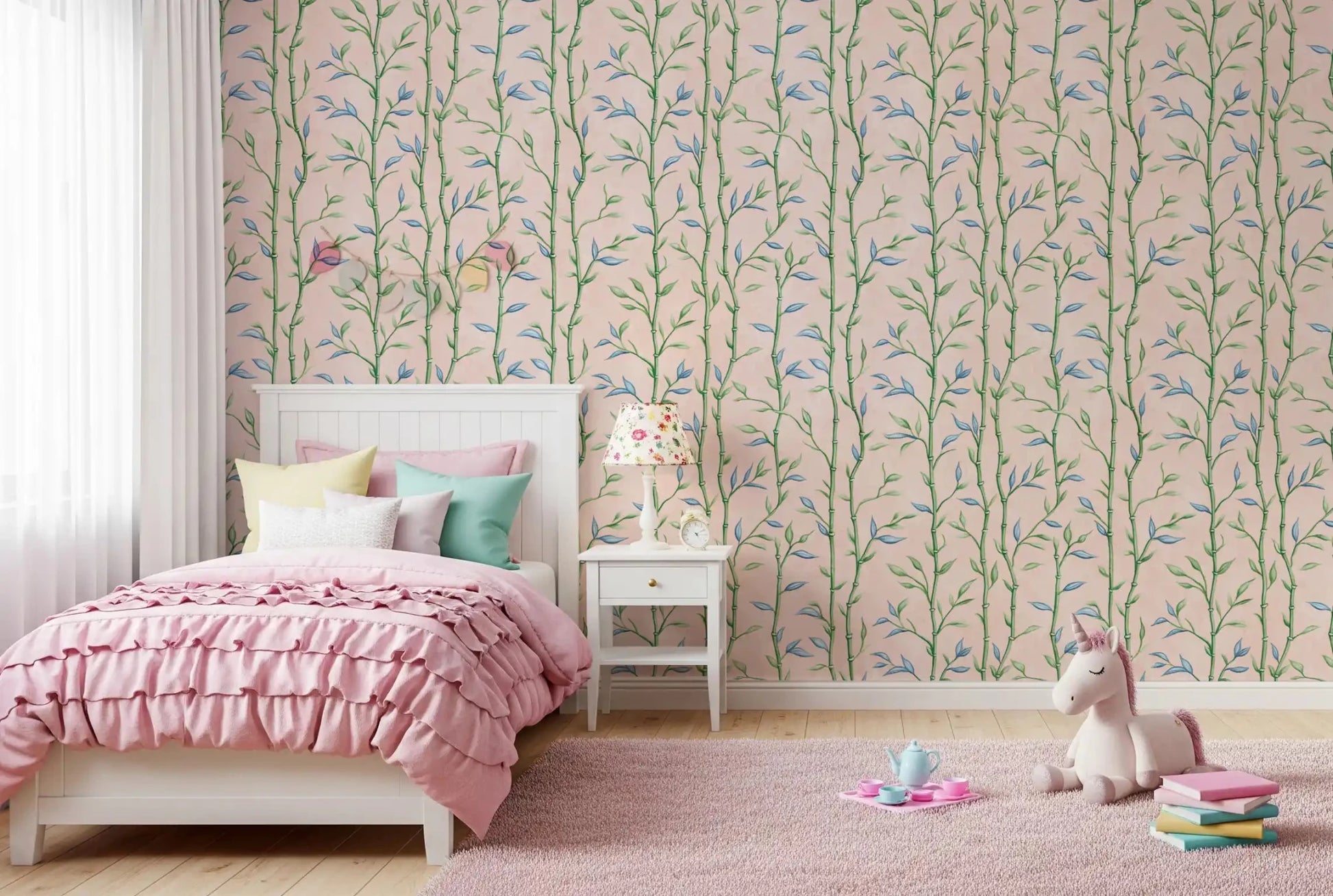 Bamboo design Wallpaper  with soft green stalks and a light rose tone, ideal for Kids room