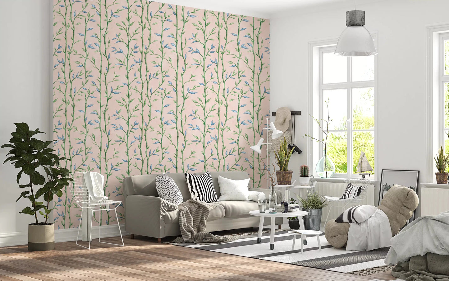 Bamboo stalks wall mural with gentle green hues on a blush pink base, perfect for Living Area