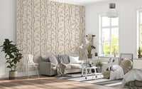 Bamboo stalks wall mural with gentle green hues on a blush pink base, perfect for Living Area