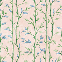 Botanical bamboo wallpaper with soft green accents on a rose-pink backdrop in Bamboo Breeze Rose