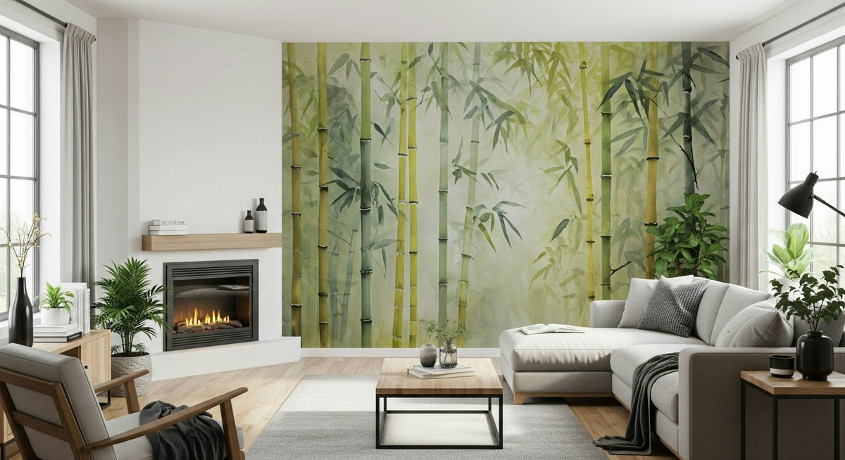 Bamboo Forest Serenity wallpaper mural in green behind a grey sectional and fireplace in a bright living room