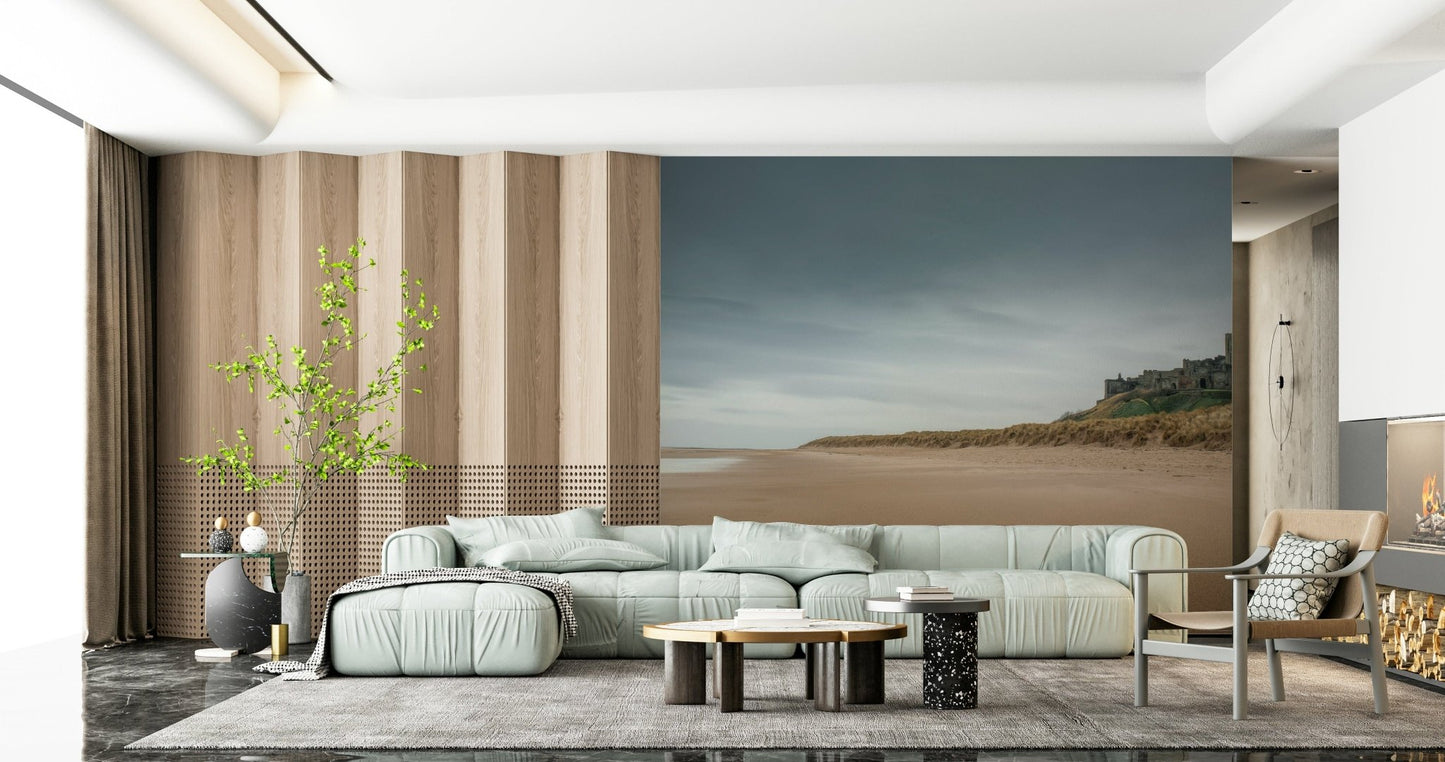 Dining space styled with castle wall mural