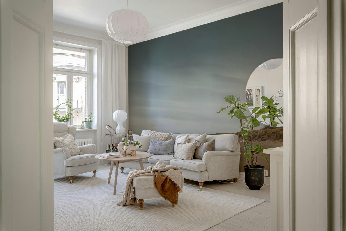 Minimal bedroom pairs with castle wall mural