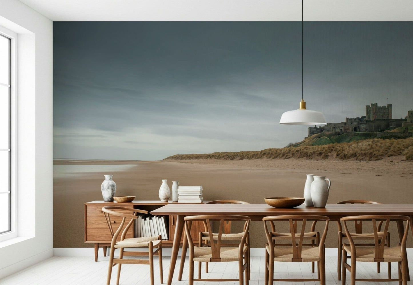 Bedroom features seaside wall mural backdrop