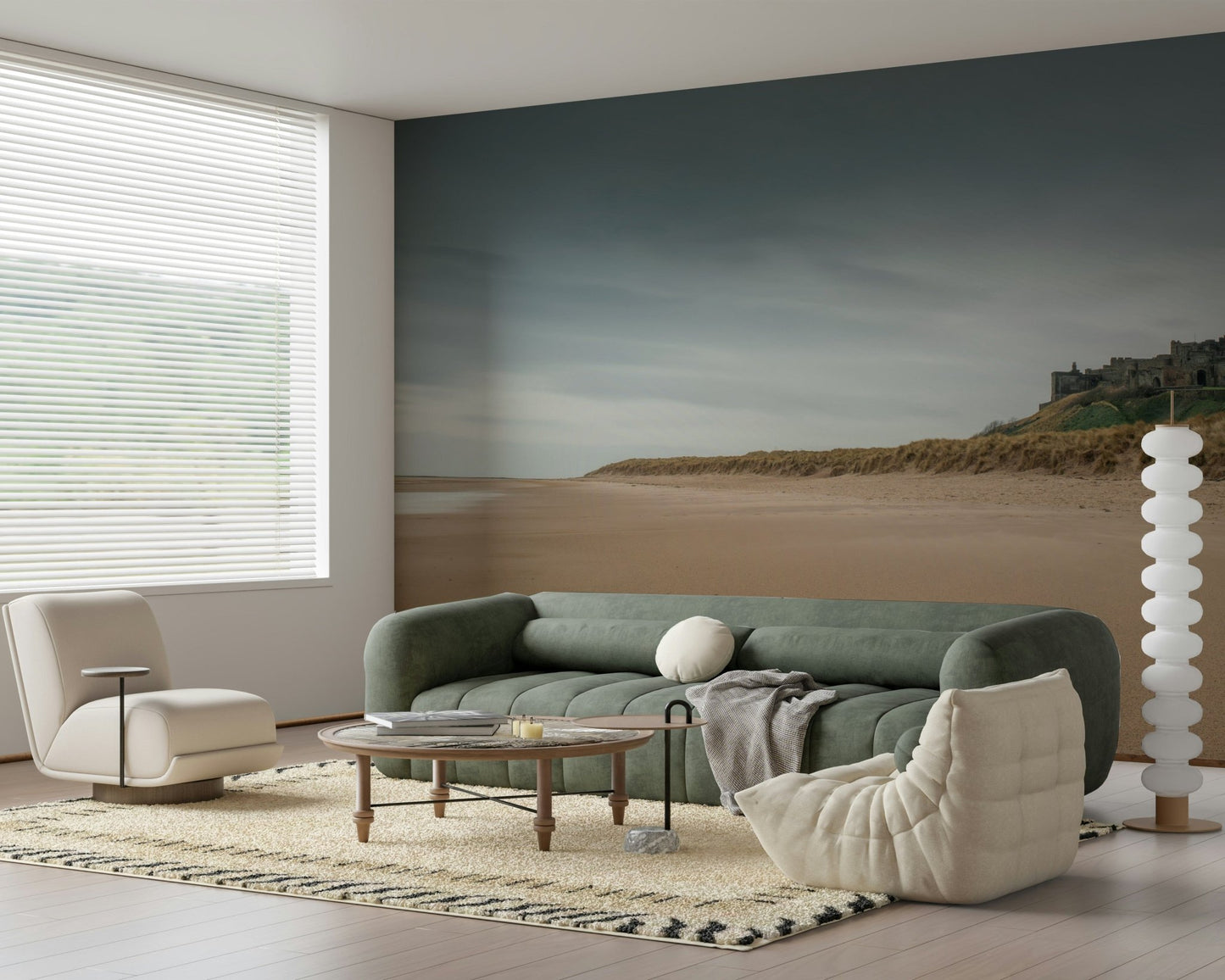 Contemporary room shows coastal wall mural