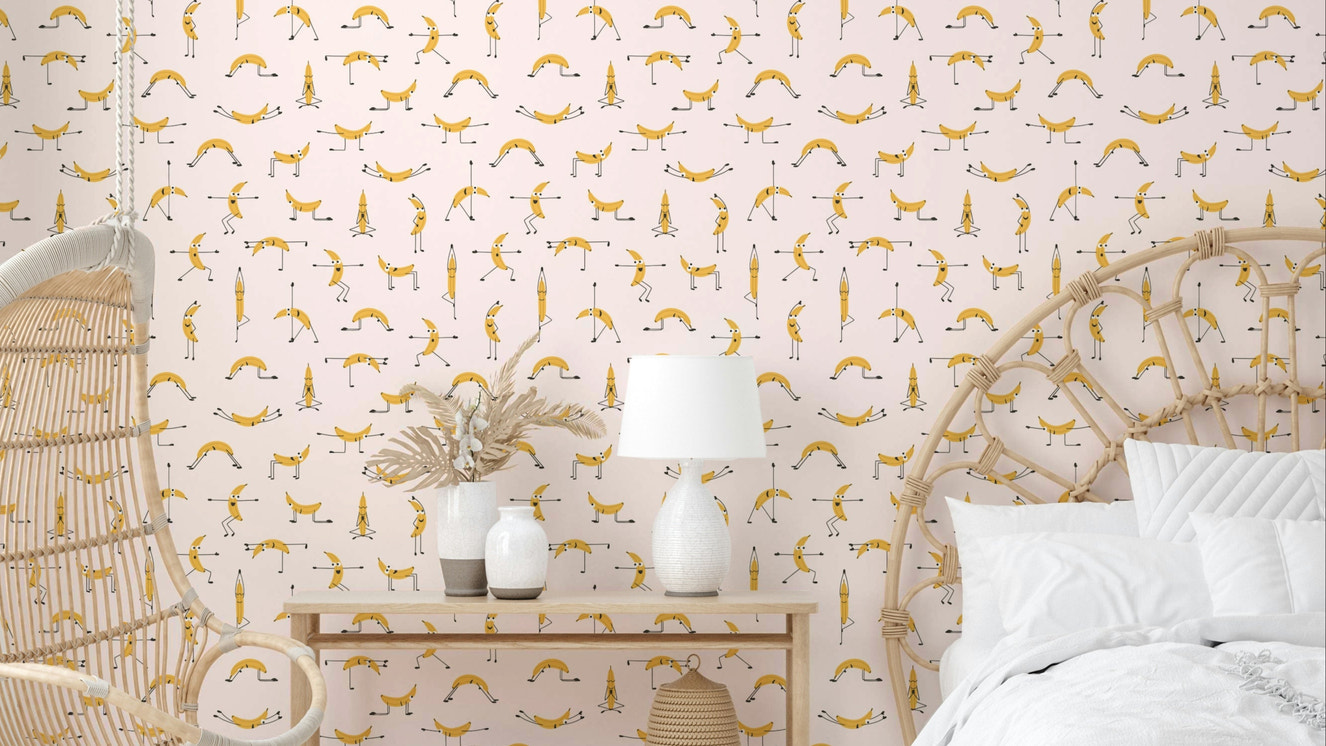 Quirky wallpaper featuring bananas in yoga poses

