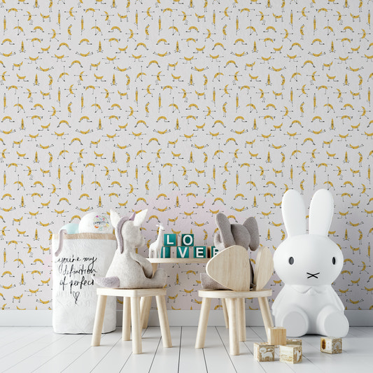 Unique home gym with banana-themed yoga wallpaper

